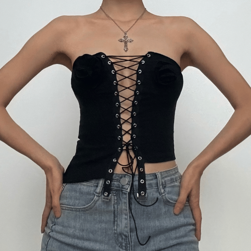Lace up flower applique bustier denim tube top