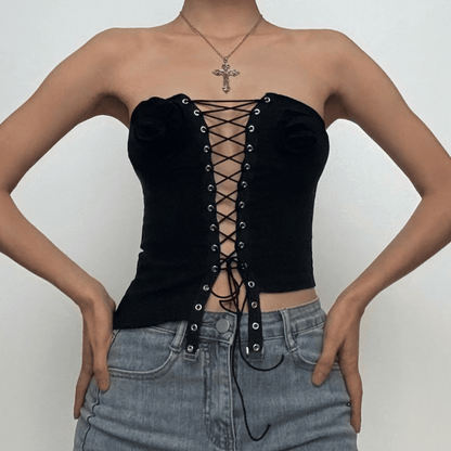 Lace up flower applique bustier denim tube top