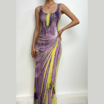 Body pattern contrast u neck sleeveless backless maxi dress-final-sale