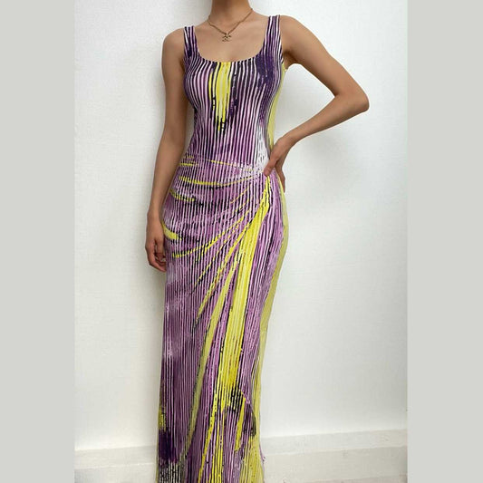 Body pattern contrast u neck sleeveless backless maxi dress-final-sale