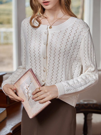 Althea Hollow Classic Knit Cardigan-White