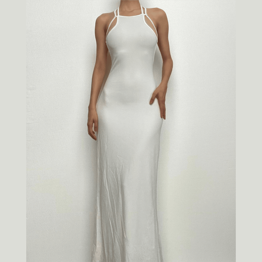 Halter solid sleeveless backless self tie maxi dress-final-sale