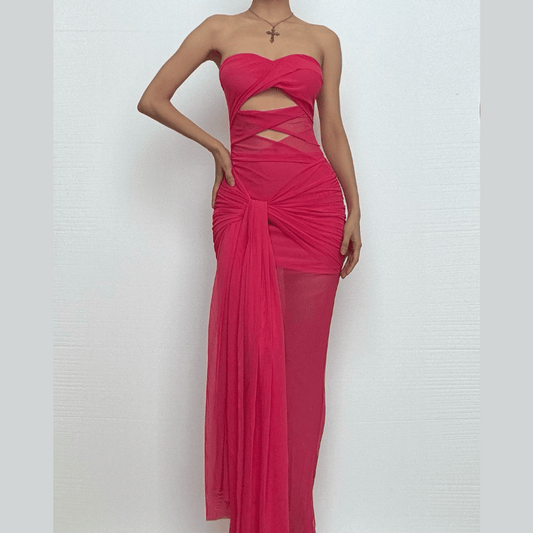 Mesh ruched hollow out see through tube cut out maxi dress