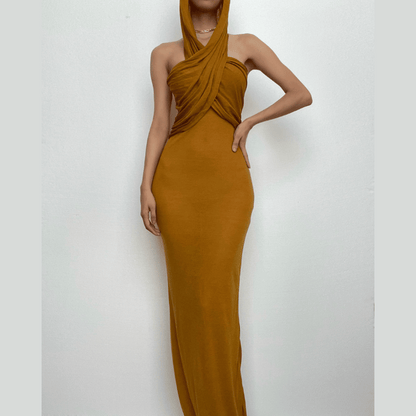 Hooded Cross Halter Ruched Sheer Overlay Bodycon Maxi Dress