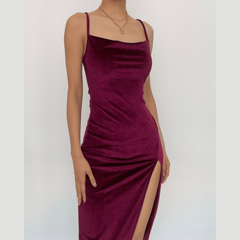 Spaghetti Strap Ruched Side Slit Velvet Bodycon Midi Dress