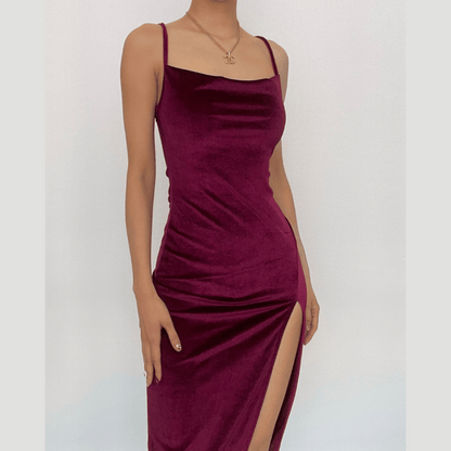 Spaghetti Strap Ruched Side Slit Velvet Bodycon Midi Dress