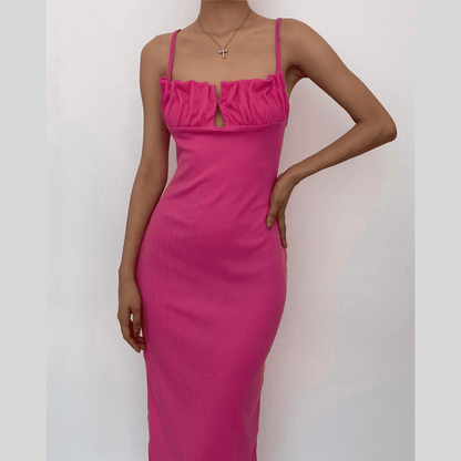 Spaghetti Strap Ruched Bust Keyhole Ribbed Knit Bodycon Midi Dress