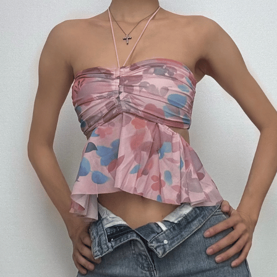 Halter drawstring ruched mesh print top