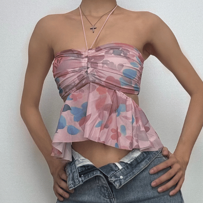 Halter drawstring ruched mesh print top