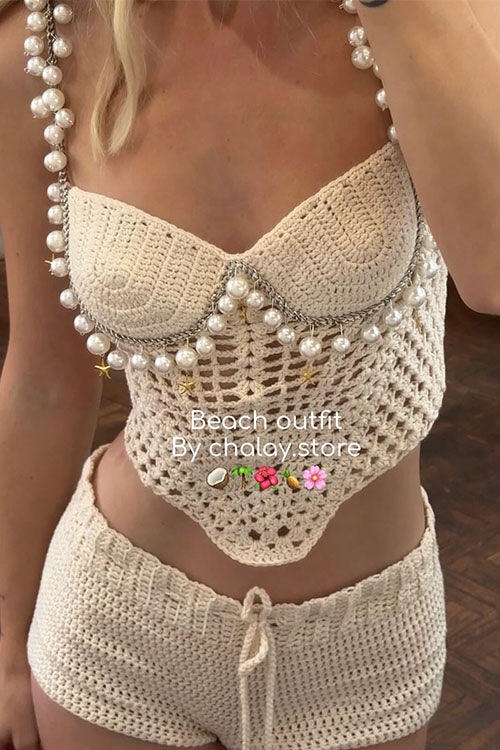 Pearl Trim Hollow Out Knit Crop Cami Top
