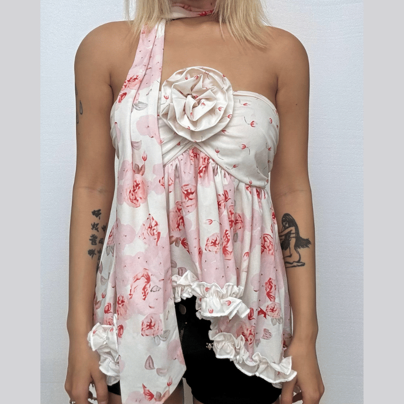 Flower applique ruffle print top