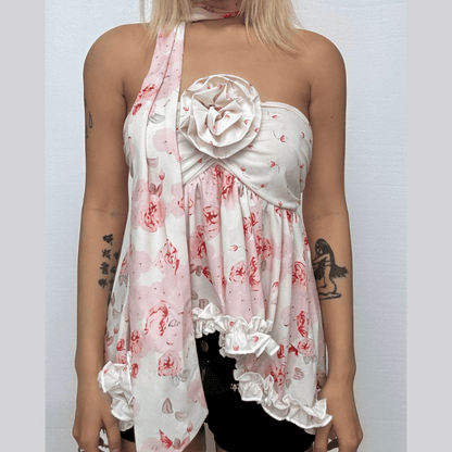 Flower applique ruffle print top