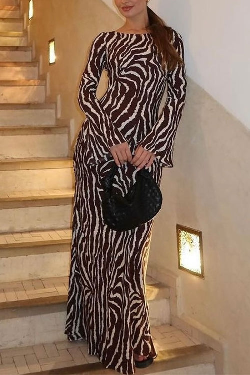 Meridress Boat Neck Bell Sleeves Animal Print Maxi Dress