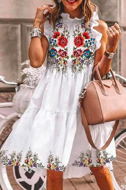 Casual Ruffle Floral Printed Midi Tiered Dress