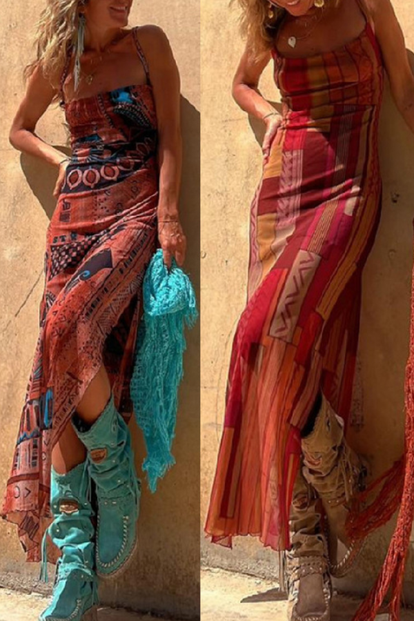 Sexy Sleeveless Printed Elastic Slit Suspender Mesh Dress