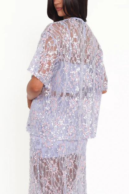 Catch The Light Sheer Sequin Lace Short Sleeve Loose Tee Top