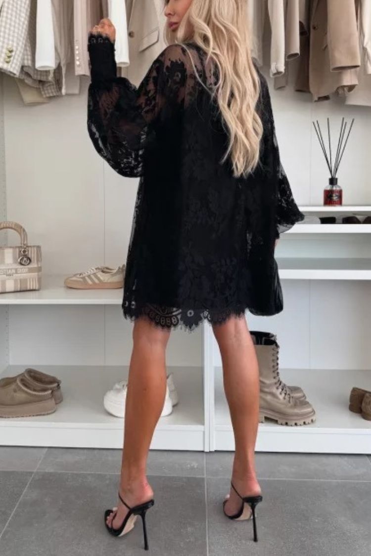 Night Rose Lace Bow Neck Long Balloon Sleeve A-line Mini Dress