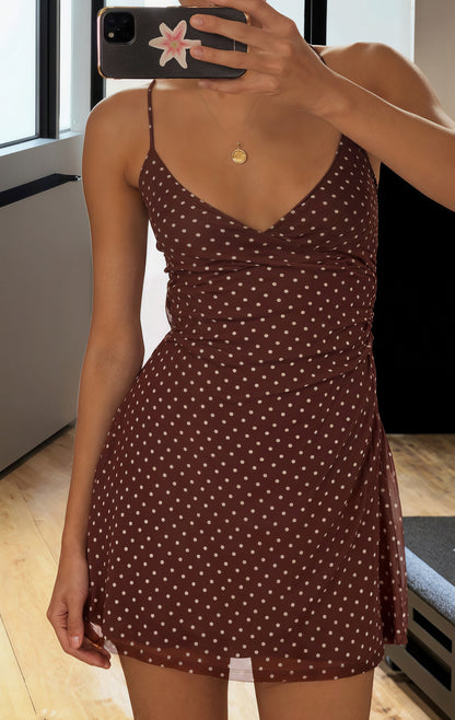 Polka Dot Mesh V Neck Spaghetti Strap Ruched Bodycon Mini Dress