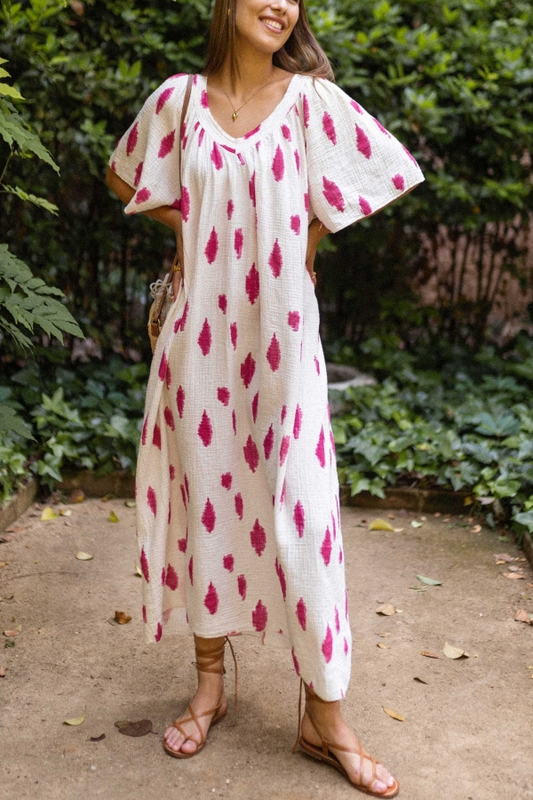 V-neck Large Cuffs Printed Loose Long Dress