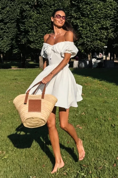 Off Shoulder Puff Sleeve Tie Back Bow A-Line Mini Dress