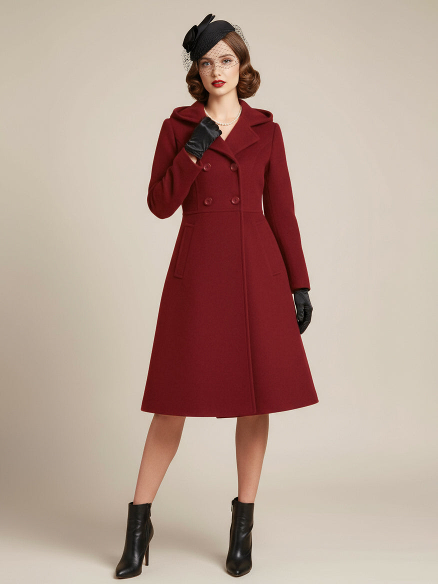 Vintage Hooded A-line Double-breasted Woolen Midi Coat For Women 2026