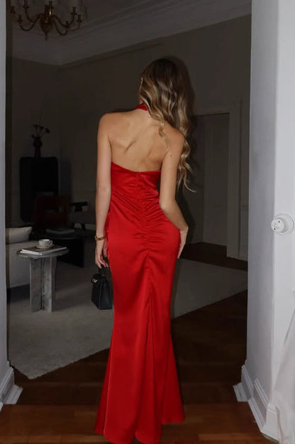 Chic Sleeveless Halter Backless Satin Fishtail Bodycon Maxi Dress