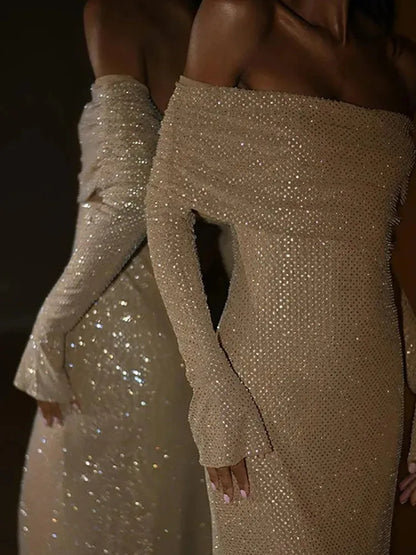 Off Shoulder Strapless Sparkle Backless Long Flare Maxi Dress