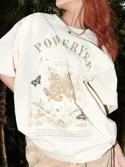 Vintage Butterfly Print Oversized Short Sleeve Tee