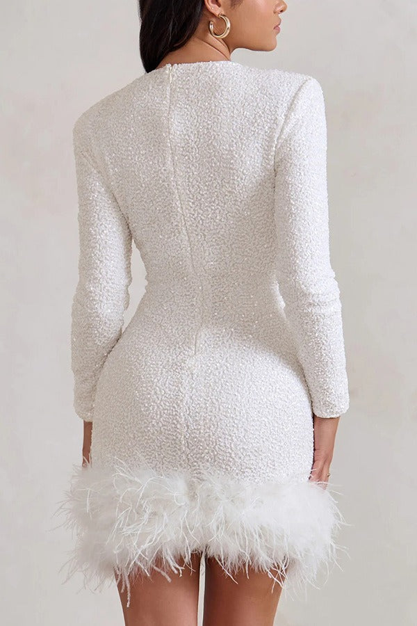 Solid Color Sequin Feather Long Sleeve Round Neck Sexy Sequin Dress