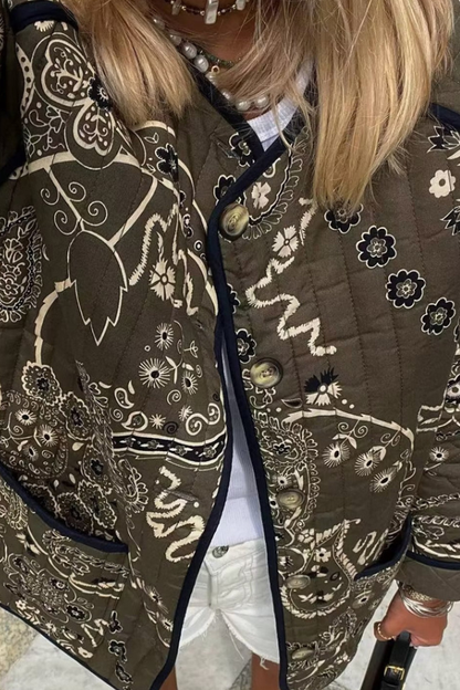 Retro Print Pockets Loose Round Neck Jacket