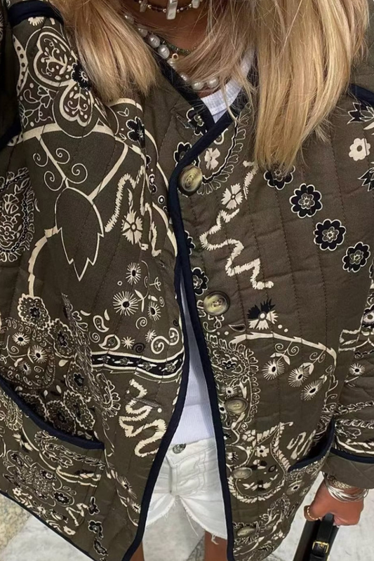 Retro Print Pockets Loose Round Neck Jacket