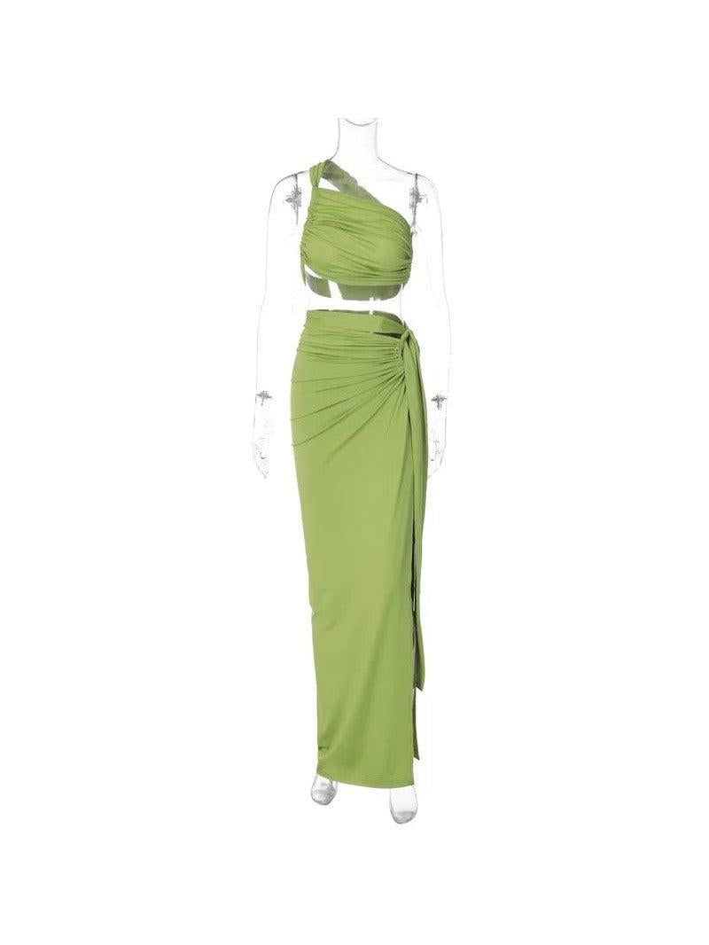 One Shoulder Backless Crop Top & High Slit Skirt Coord Set