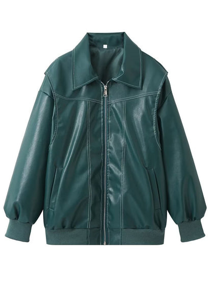 Red PU Leather Jacket Collared Long Sleeves Zipper Daily Casual Jackets