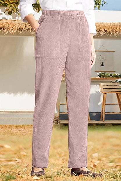 Solid color elastic waist striped straight casual pants