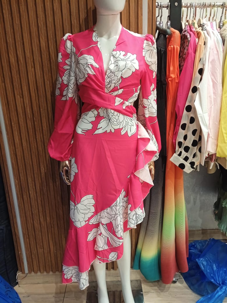 Floral Print V Neck Ruffle Wrap Slit Dress