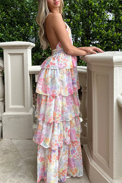 Harmony Floral Print Tiered  Ruffle Cross Halter Backless Vacation Maxi Dresses