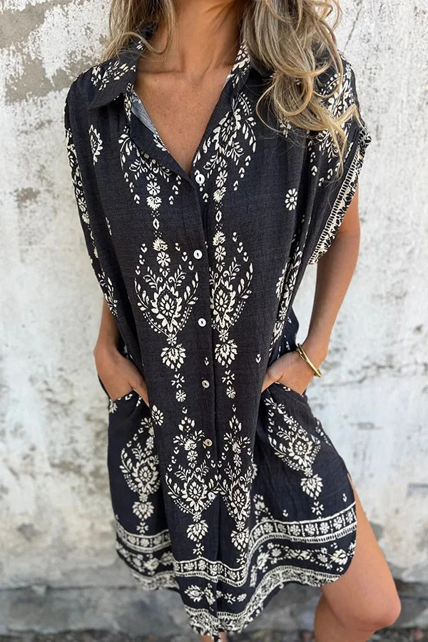 Linen Blend Unique Print Lapel Casual Pocket Mini Dress