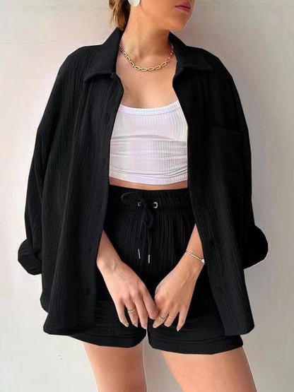 Long-sleeved Shirt And High-waisted Drawstring Shorts Casual Two-piece Set