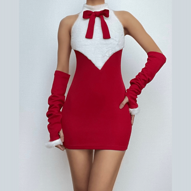 Bowknot contrast halter fluffy gloves backless mini dress-final-sale