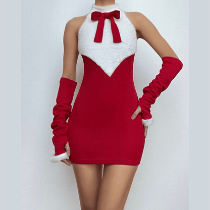 Bowknot contrast halter fluffy gloves backless mini dress-final-sale