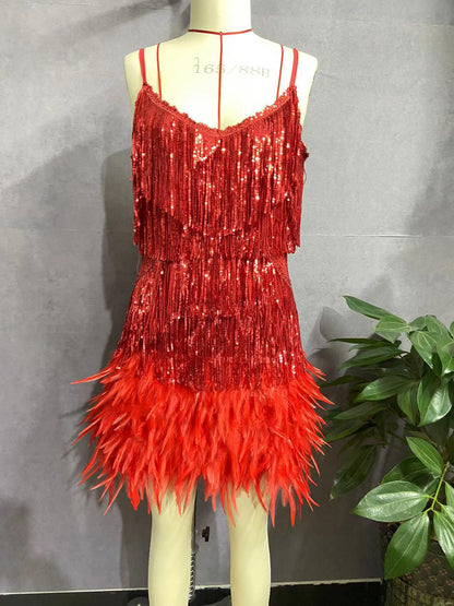 Red Tassel Sequins Feather Fur Dress