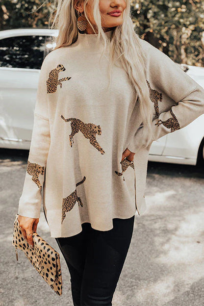 High Neck Side Slit Cheetah Pattern Sweater