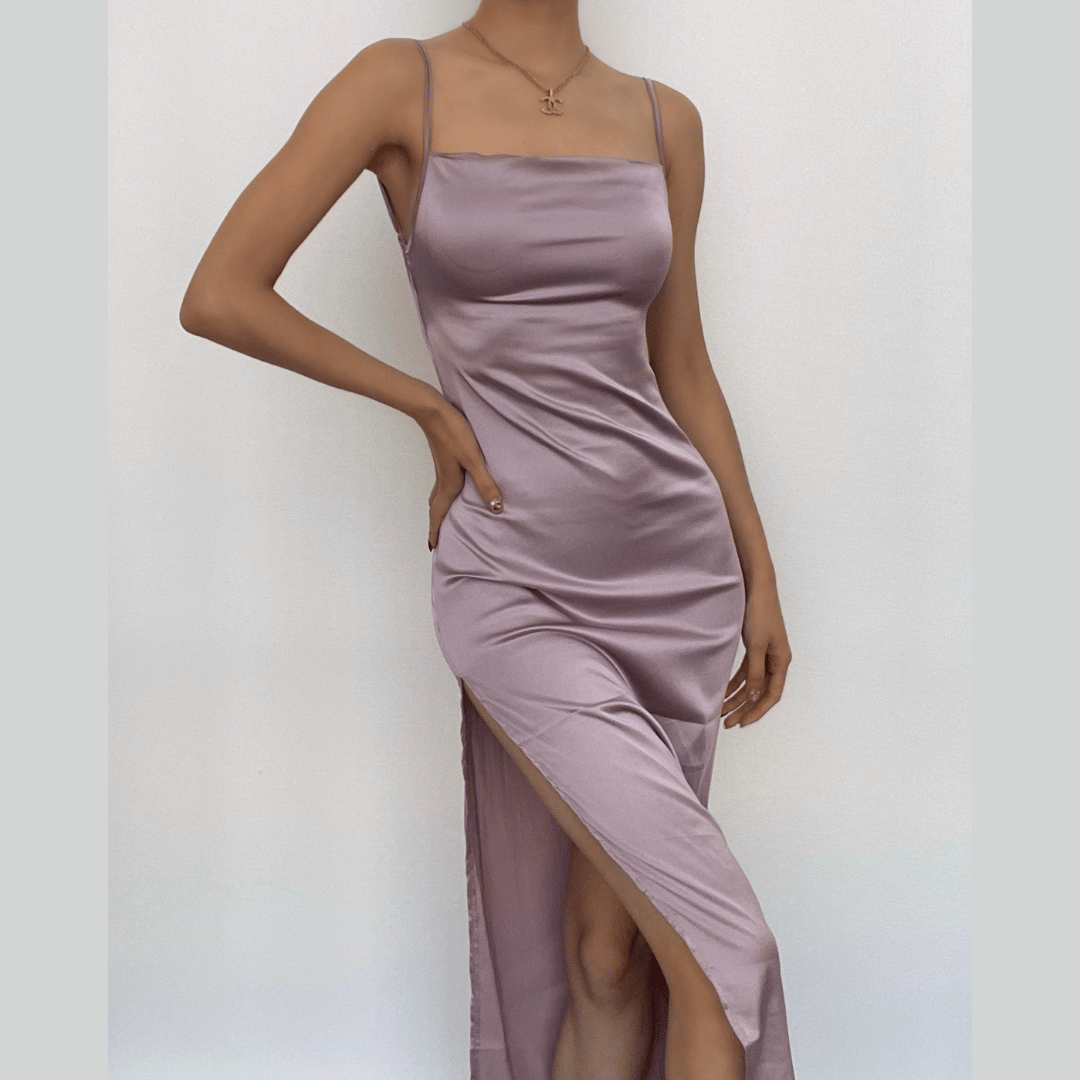 Square Neck Spaghetti Strap Side Slit Satin Midi Dress