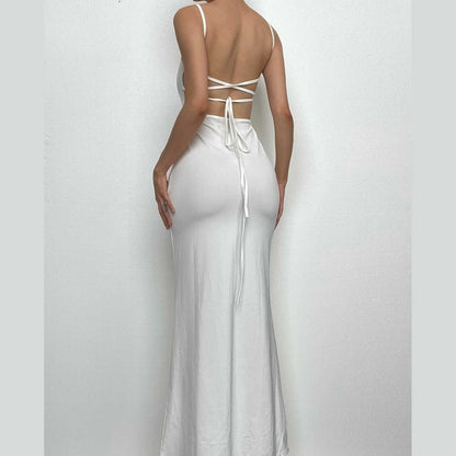 Backless hollow out low cut self tie solid cami cut out maxi dress