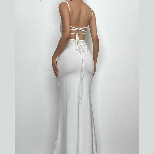 Backless hollow out low cut self tie solid cami cut out maxi dress
