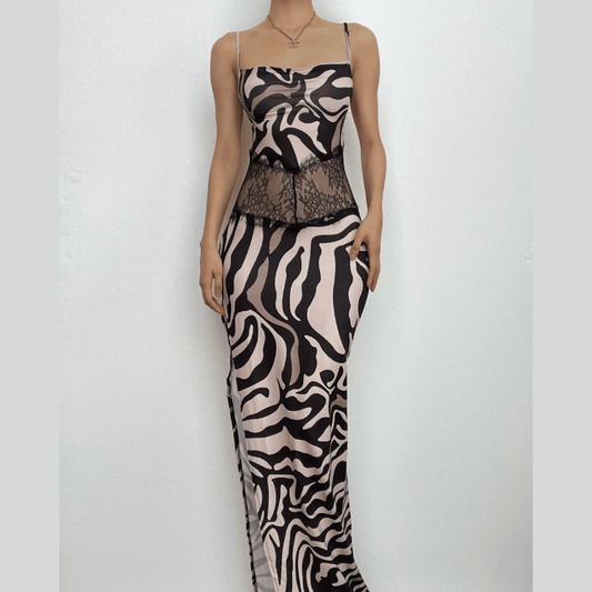 Zebra print hollow out contrast cross back slit backless cut out maxi dress-final-sale