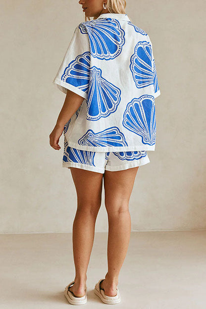 Meridress V Neck Short Sleeves Shirt and Drawstring Waist Shorts Seashell Print Set