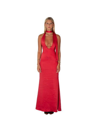 Halterneck Lace Up V Neck Backless Maxi Dress
