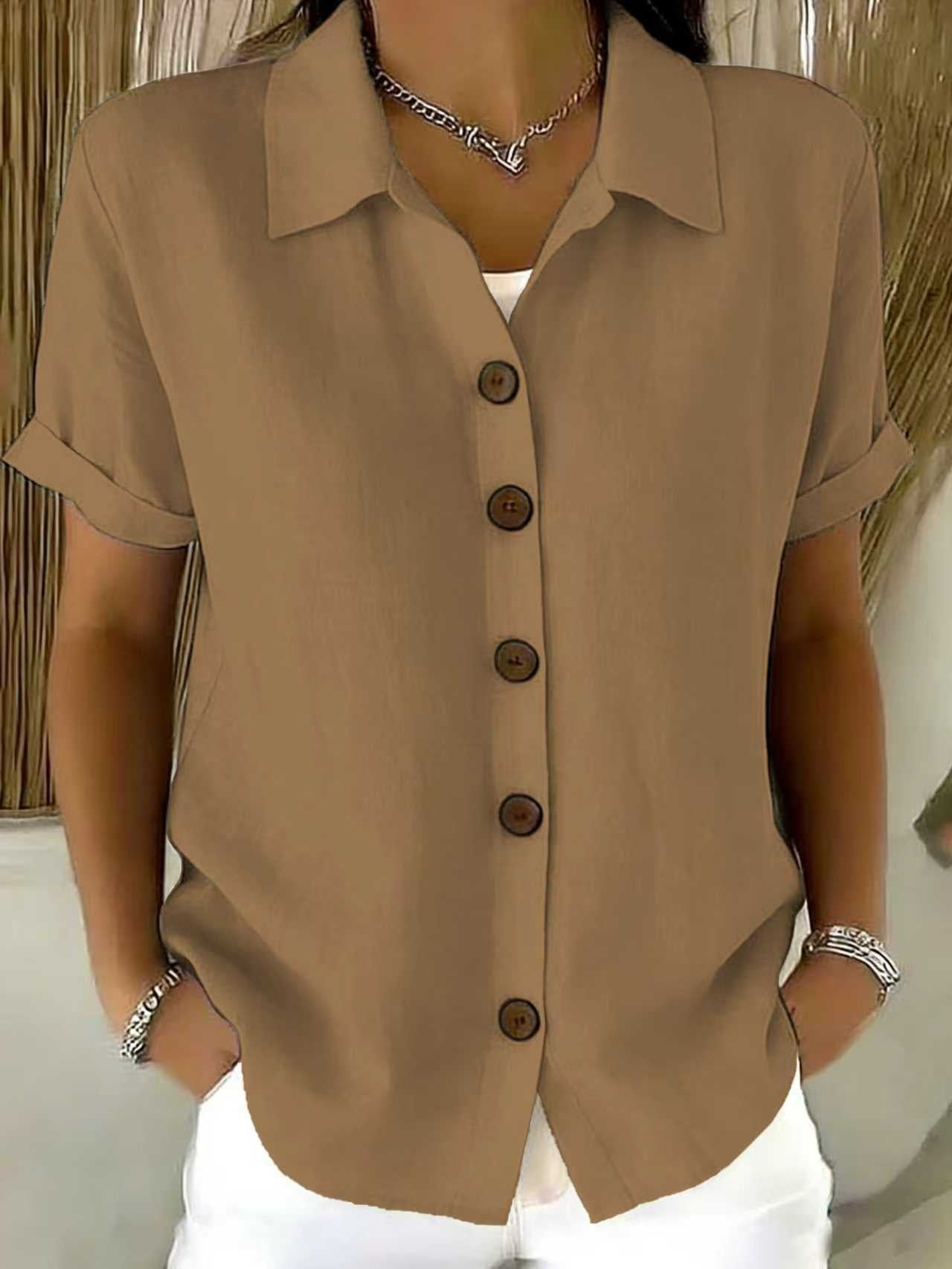 Button-up Cotton Linen Solid Color Short-sleeved T-shirt