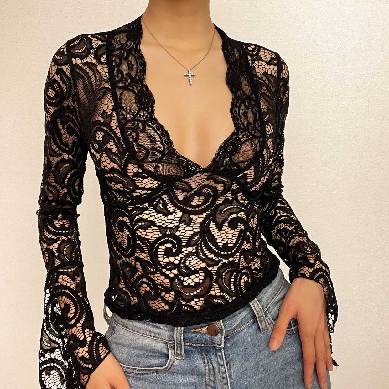 Flared sleeve v neck lace see through solid top-final-sale
